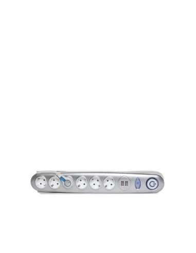 Enchufe 6 X Toma Corriente + Interruptor Luminoso + 2 X Usb Cargador 2100 Ma 5V - IP20 - Blanco/Plata