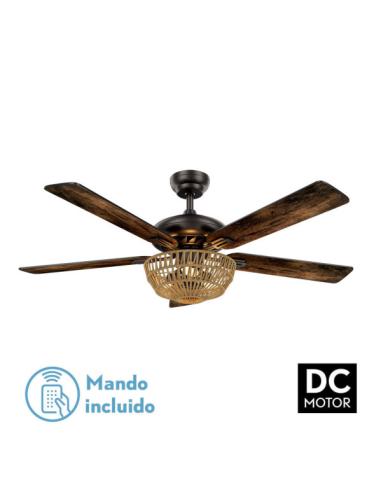 Ventilador Dc Cesta Negro 3xe27 5 Aspas Nogal/roble 6 Velocidades 55/67x132x132cm C/remoto Y Temporizador