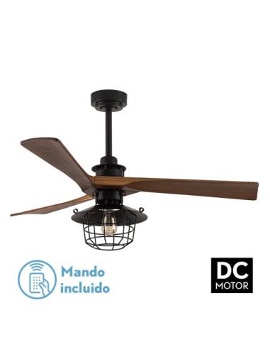 Ventilador Dc Vulturno Negro 1xe27 3 Aspas Roble  6 Velocidades C/remoto Y Temporizador 53/65,5x132x132 Cm