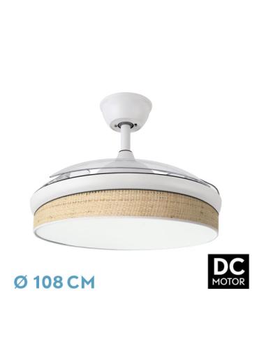 Ventilador Dc Moda 72w Blanco/cañizo Claro 108d 3aspas 7200lm 3000k,4000k,6000k Remoto+memoria+temporizador