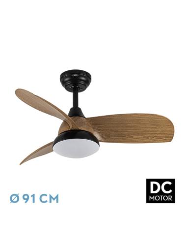 Ventilador Dc Atomo 24w Negro 3aspas Madera Oscura 91d 2640lm 3000k,4000k,6000k Remoto+memoria+temporizador